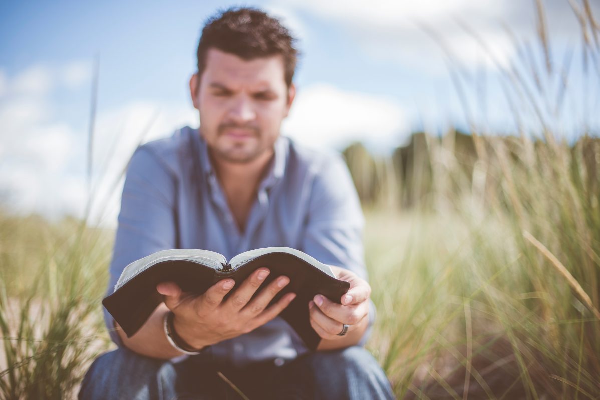 A man reading the bible in a field.