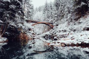 A bridge spanning across a frozen river.