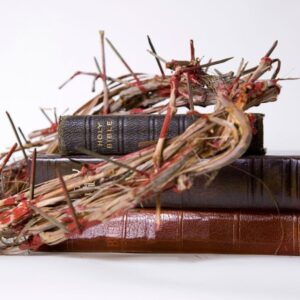 A crown of thorns sitting atop a pile of bibles.