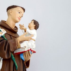 Famously known as the patron saint of lost and stolen articles, St. Anthony of Padua was a Franciscan preacher and teacher. He is often portrayed with the child Jesus in his arms. Though sometimes, he is also portrayed holding a lily, a book, or all three.