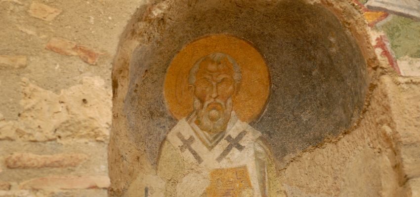 A portrait of the Catholic Saint Nicholas of Myra, whose kids are known as Santa Claus.