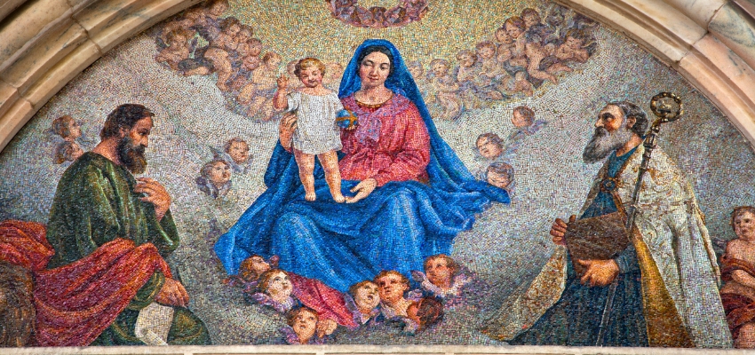Beautiful mosaic depicting the Blessed Mother with the Child Jesus and saints, inspiring prayers to the blessed mother.