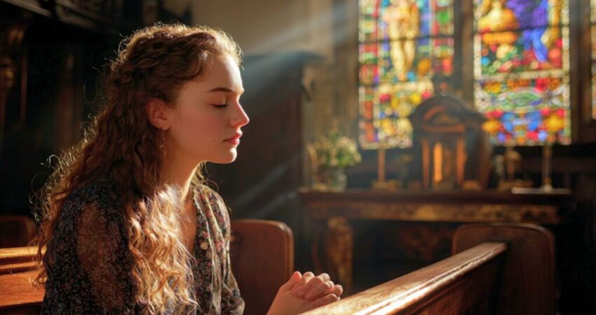 A woman prays a catholic birthday prayer for herself.