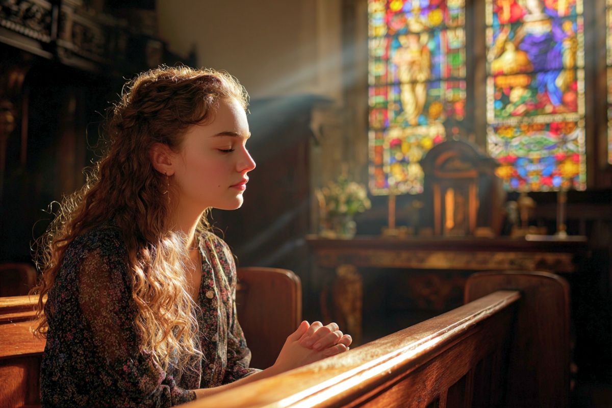 A woman praying a Catholic birthday prayer for a loved one.