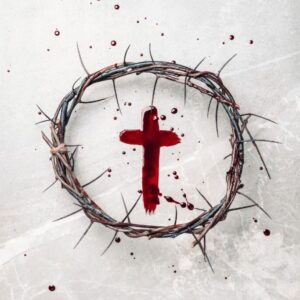 The woven crown of thorns and a bloody cross symbolize the sacrifice of god.