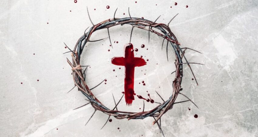 The woven crown of thorns and a bloody cross symbolize the sacrifice of god. 