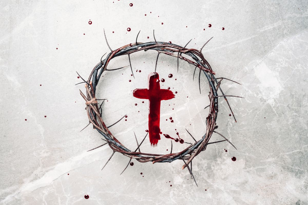 The woven crown of thorns and a bloody cross symbolize the sacrifice of god.