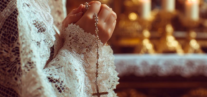 A woman wearing a white church veil.