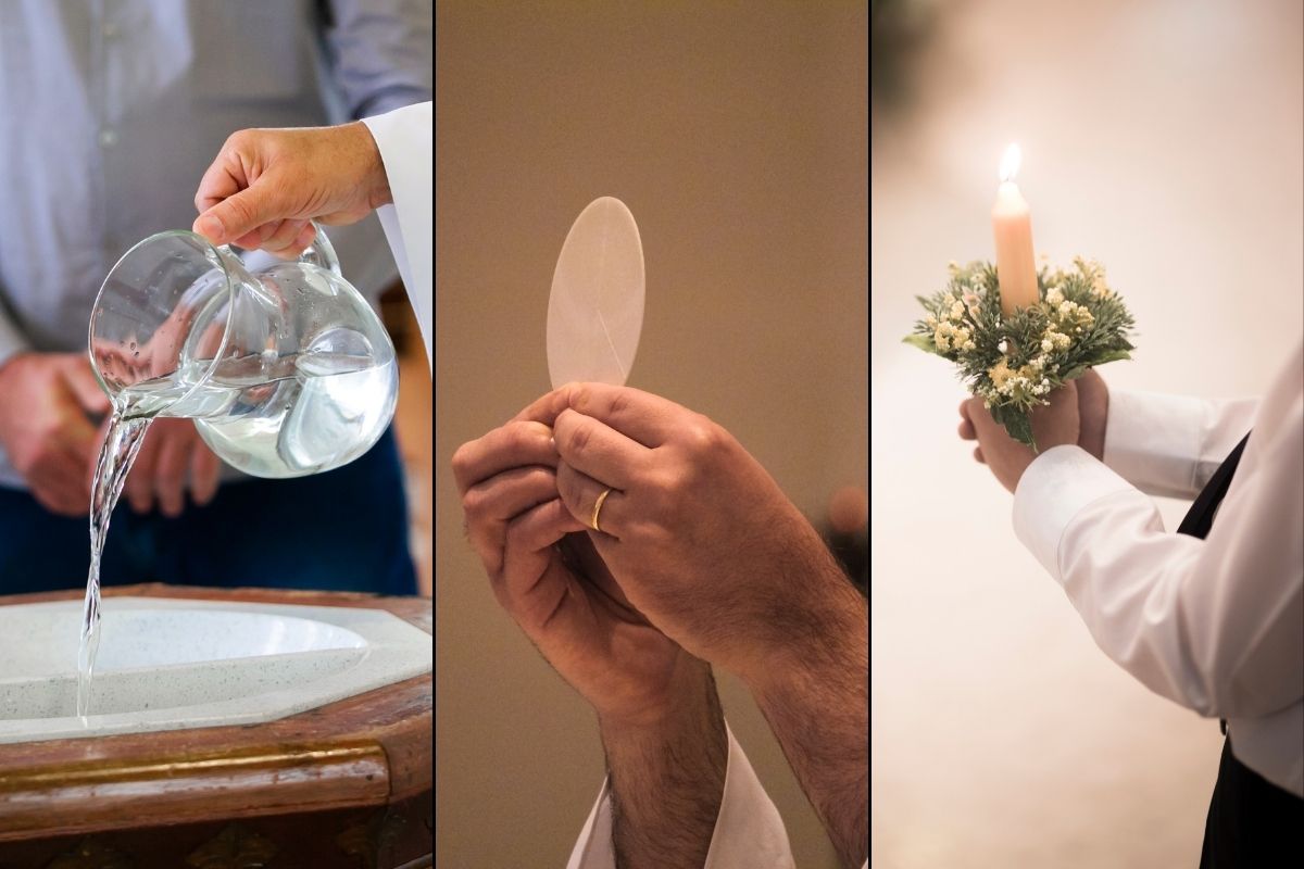 A collage picture of baptism, communion, and confirmation.