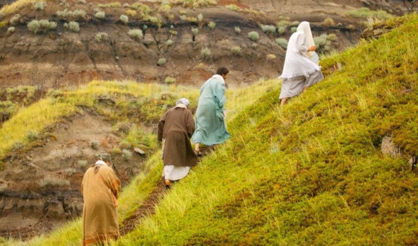 Followers of Jesus up a mountain.