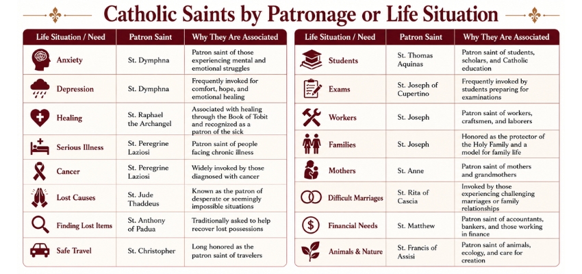 Helpful chart matching life needs with catholic saints names and their patronage