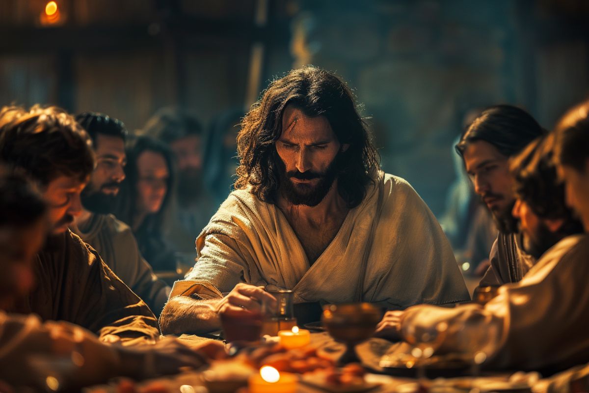 Jesus seated at a table with his disciples for the last supper.