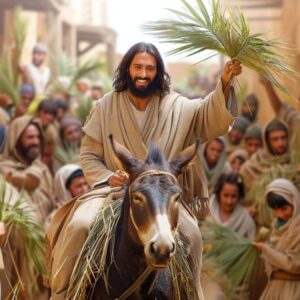 Jesus entering Jerusalem on a donkey.