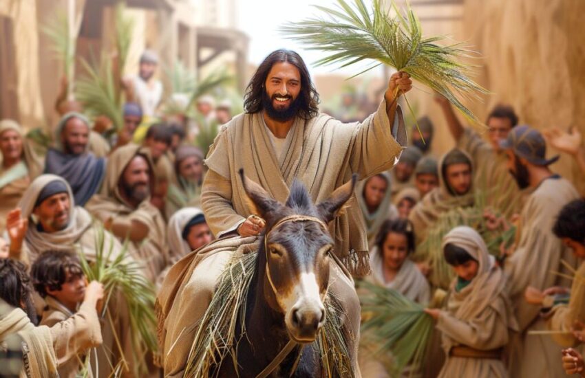 Jesus entering Jerusalem on a donkey.