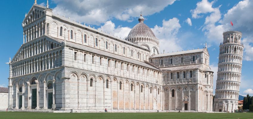 The Cathedral of Pisa, also known as the Cathedral of Santa Maria del Fiore, is in the picturesque city of Pisa, Italy. It's a stunning example of Romanesque architecture.