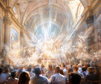 Angels and people in a crowded church.