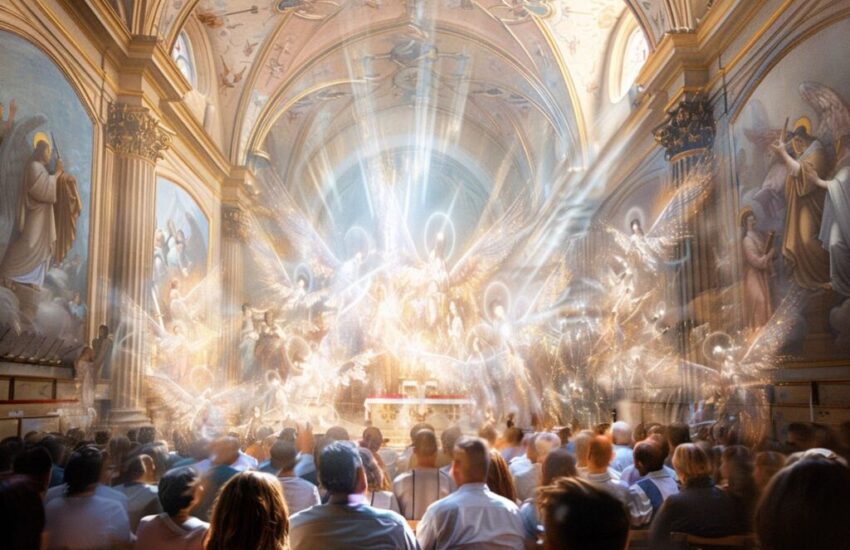 Angels and people in a crowded church.