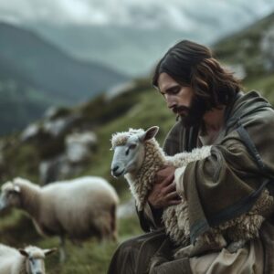 Jesus holding a sheep from his flock.