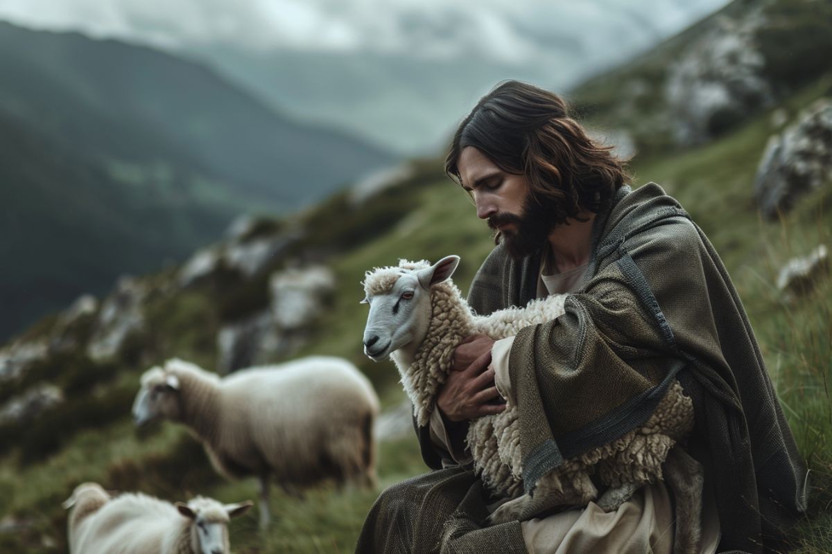 Jesus holding a sheep from his flock.