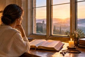 Woman studying Scripture by a window while meditating on bible verses about changing yourself for the better.
