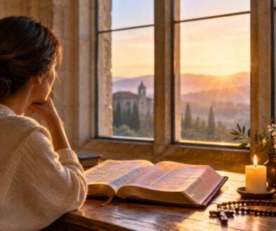 Woman studying Scripture by a window while meditating on bible verses about changing yourself for the better.