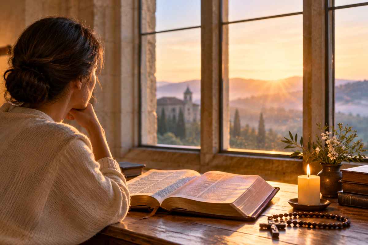 Woman studying Scripture by a window while meditating on bible verses about changing yourself for the better.
