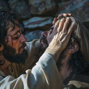 Jesus healing a blind man.