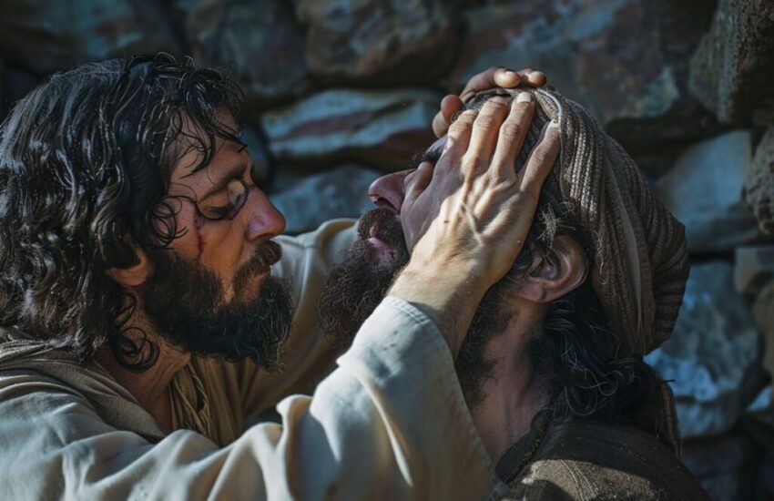 Jesus healing a blind man.