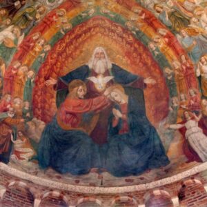 A mural depicting the Holy Trinity on the ceiling of a church.