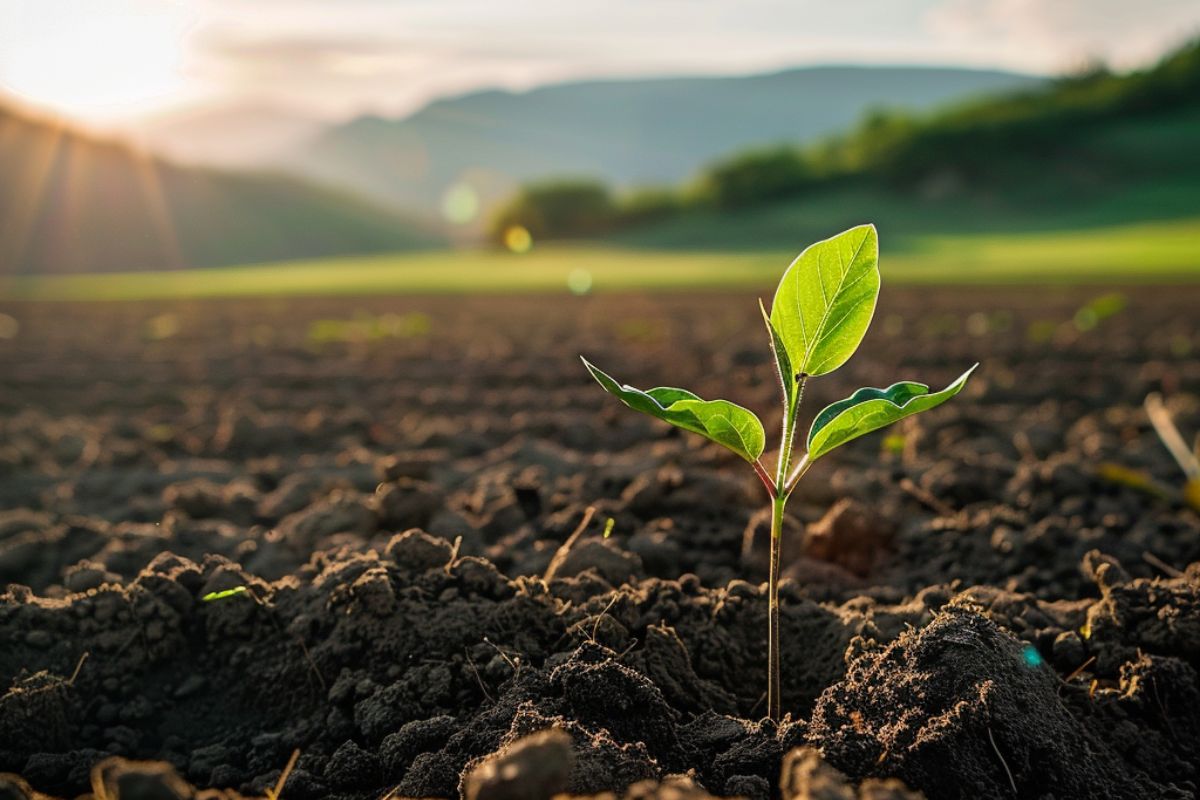 A plant sprouting in a field.