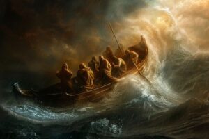 Jesus calms a storm while in a boat with his apostles.