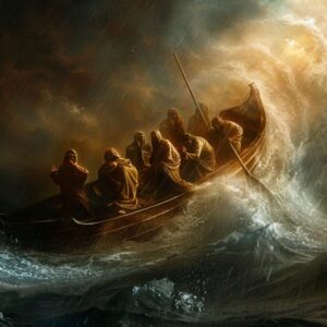 Jesus calms a storm while in a boat with his apostles.