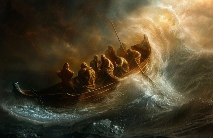 Jesus calms a storm while in a boat with his apostles.