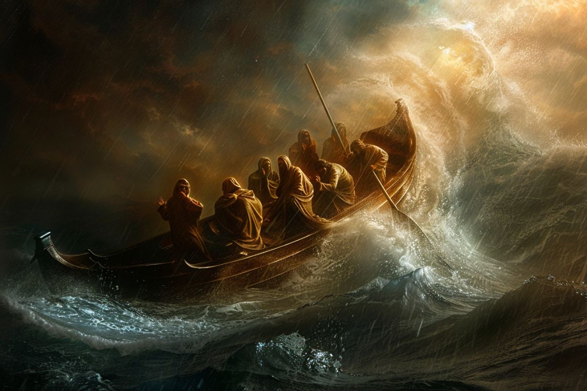 Jesus calms a storm while in a boat with his apostles.