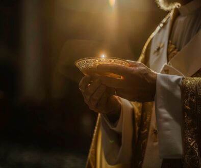A priest holding the Eucharist during mass.