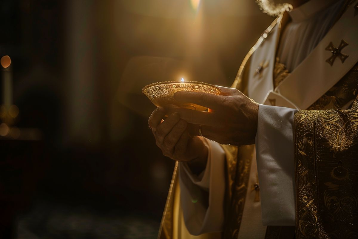 A priest holding the Eucharist during mass.