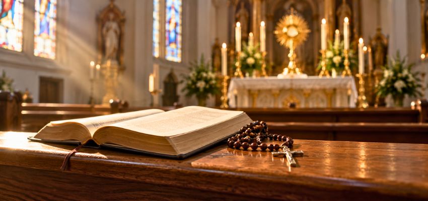 Open Bible and rosary on a pew prepared for prayers before the blessed sacrament.
