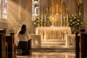 Woman kneeling in quiet devotion during prayers before the blessed sacrament.