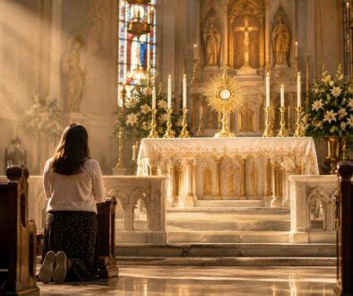 Woman kneeling in quiet devotion during prayers before the blessed sacrament.