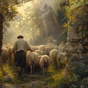 A shepherd leads his flock through a gate.