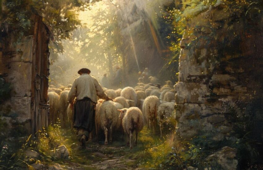 A shepherd leads his flock through a gate.