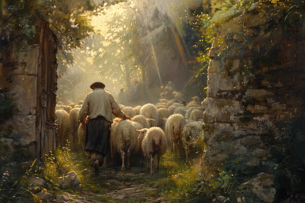 A shepherd leads his flock through a gate.