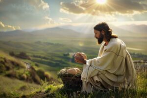 Jesus praying over a basket of bread atop a hill.