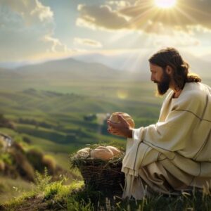 Jesus praying over a basket of bread atop a hill.