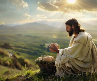 Jesus praying over a basket of bread atop a hill.