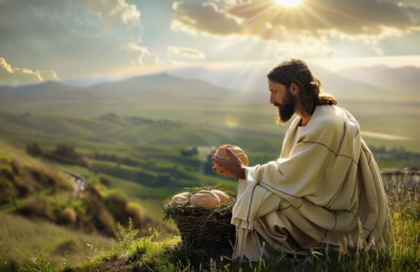 Jesus praying over a basket of bread atop a hill.