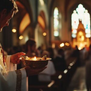 A Catholic priest prepares to give out communion.