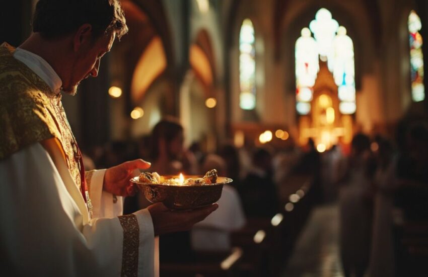 A Catholic priest prepares to give out communion.