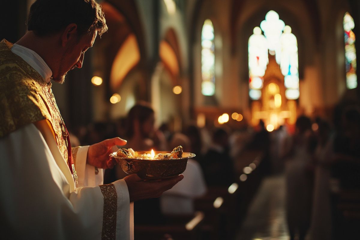 A Catholic priest prepares to give out communion.