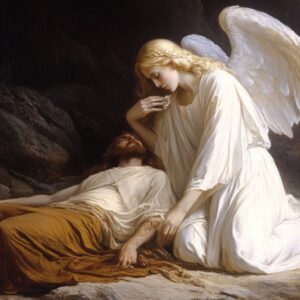 An angel in white feeding a raggedy sleeping Elijah in the desert.